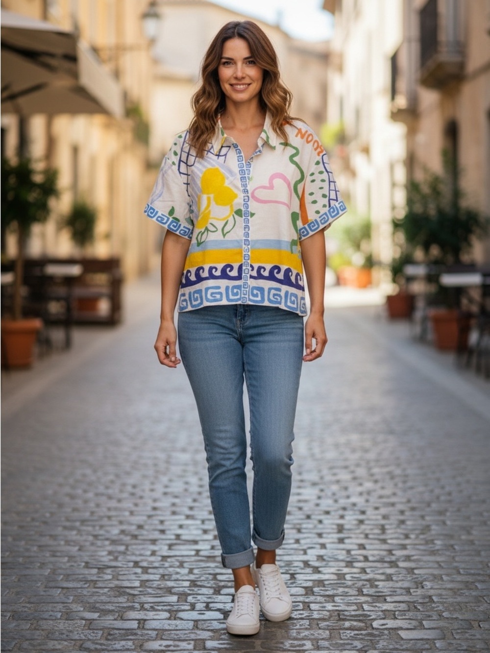 Prosperina Isla Summer Spritz Linen Blend Button Down Top Small Multicolor